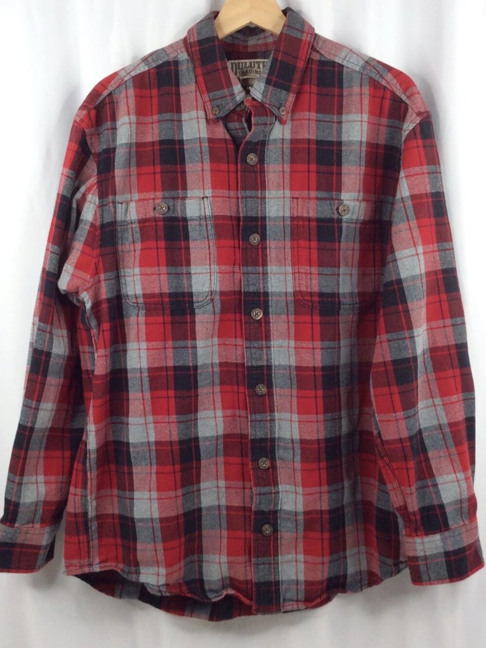 Duluth Trading Co Plaid Shirt Mens Size Medium Red Black Gray Long Sleeve Button